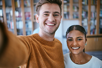 Image showing Portrait, students and selfie in a library with friends, relax and study together at university campus. Education, learning and classroom student bond and having fun, on break from exam preparation