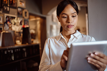 Image showing Small business manager, tablet and restaurant worker check online catering service, cafeteria product planning and fine dining food menu. Coffee shop waitress, digital app and hospitality information