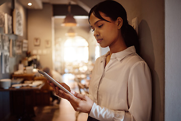 Image showing Small business cafe, tablet planning and restaurant manager check online inventory, food menu products or catering service. Waitress worker, coffee shop digital app management or hospitality industry