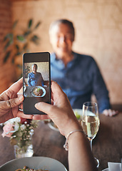 Image showing Happy man, phone screen and photograph in restaurant, cafe and fine dining lunch food for birthday, anniversary and dinner celebration. Couple coffee shop date, senior guy smile and mobile picture