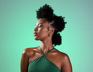 Image showing Beauty in green, makeup or black woman portrait of sexy afro model with fashion, facial makeup or hair care with designer jewelry. Trendy, cosmetics art or edgy girl from Atlanta in studio