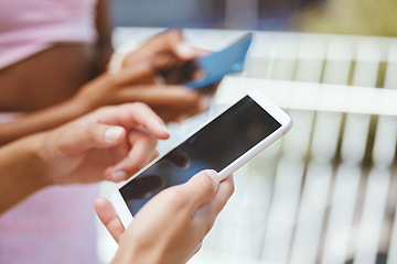 Image showing Hands, phone and woman texting, messaging and chatting on social media using internet and browsing online. Female with dark screen reading posts, notification and using mobile app for communication