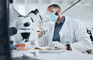Image showing Science, blood and covid esearch with a man engineer working in a lab on DNA for innovation, cure and vaccine. Medicine, healthcare and development with a scientist at work in a medical laboratory