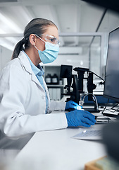 Image showing Science woman, covid and computer laboratory research, medical innovation and expert test online. Senior scientist mask, desktop data and vaccine medicine worker planning virus analytics information