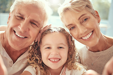 Image showing Phone selfie, grandparents and girl child family love to smile, happy and bonding together in support, care and happiness. Excited kid, retired senior grandma and grandfather take social media photo