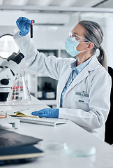 Image showing Scientist, pathology and blood or DNA science woman working in a lab for covid research, innovation and cure with sample test tube. Analytics and medical breakthrough with safety female in laboratory