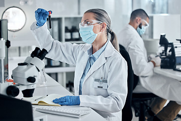 Image showing Covid, science or blood research with woman scientist working with test tube in lab on DNA for innovation, vaccine or cure. Healthcare, medicine or analytics with doctor at work in medical laboratory