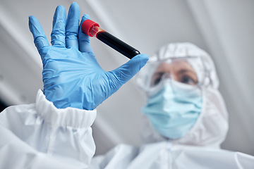 Image showing Doctor, hands and blood tube for covid test or science research, experiment or results at the laboratory. Scientist hand holding DNA sample to cure illness, diseases or corona virus for forensic lab