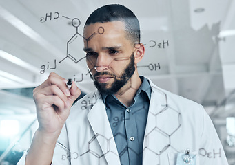 Image showing Science, glass board and man writing a chemistry equation, formula or algorithm for medical research in a laboratory. Chemical innovation, scientific evolution and expert scientist working on idea