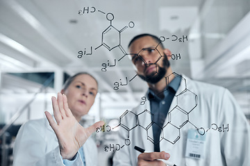 Image showing Scientist team writing glass formula, planning particles and math innovation ideas in research laboratory. Science experts, chemical analytics development and molecule test solution notes on window