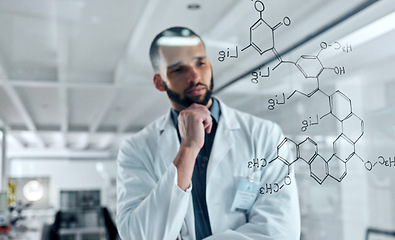 Image showing Science, research and DNA with a man engineer or scientist working on glass in a laboratory for innovation and healthcare. Analytics, formula and RNA with a medicine professional thinking of an idea