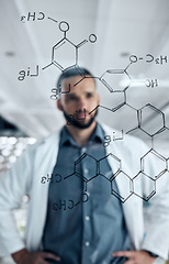 Image showing Chemistry man, glass wall and formula writing in science laboratory for medical research, healthcare study and dna analytics. Thinking scientist with chemical compound analysis in vaccine innovation