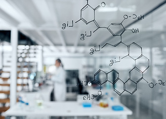 Image showing Research, medical or healthcare science or formula writing on glass window for DNA, innovation and particles math. Vaccine, analytics or medicine study for development, solution or chemistry analysis