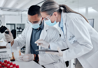 Image showing Science team, blood sample and dna analysis, laboratory research and medical investigation. Scientist collaboration, dropper and test tube for chemistry, medical genetics and healthcare covid vaccine