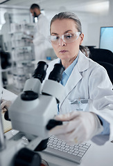 Image showing Science microscope, woman professor and laboratory research, medical innovation or biology test. Senior analytics scientist, chemistry expert and physics worker check focus on dna healthcare analysis