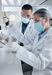 Image showing Covid, science and team of doctors working with vaccine research, medical or innovation analytics. Test tube, healthcare nurse or scientist with medicine, covid 19 or wellness in hospital lab