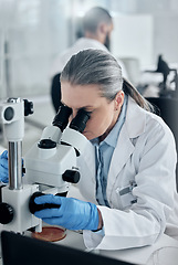 Image showing Science, research and microscope with woman in laboratory working on medical, vaccine and pharmacy development. Innovation, healthcare and medicine investigation with senior expert scientist