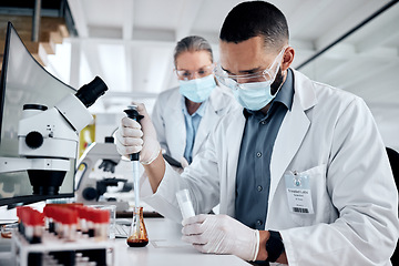 Image showing Scientist, blood sample and dna analysis, laboratory research and medical investigation. Expert science staff team, dropper and test tube for chemistry, genetics and healthcare vaccine in medicine