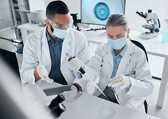 Image showing Teamwork, research for covid or team of doctors working with vaccine, medical partnership or innovation analytics. Test tube, healthcare nurse or cardiology for medicine wellness collaboration in lab