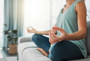 Image showing Woman, meditation and mudra hands yoga home workout in lotus pose for exercise, peace and zen fitness. Calm mindset, wellness and healthy female on lounge sofa for balance, praying and relax energy