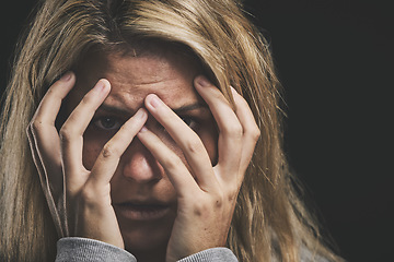 Image showing Woman, hands cover or face stress on black background in mental health asylum community or schizophrenia psychology hospital. Anxiety zoom, burnout or depression for fear or counseling scared patient