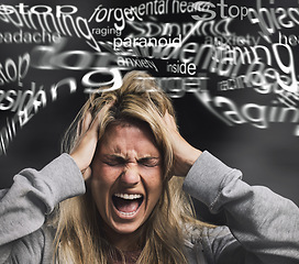 Image showing Anxiety, schizophrenia and woman with mental health, stress and paranoid bipolar mindset screaming in pain and anger. Depression, psychology and angry girl frustrated with thinking crazy and negative
