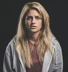 Image showing Portrait of woman with dark mental health, drugs addiction or depression over alcohol problem, life mistake or bad lifestyle. Anxiety, cocaine rehabilitation or sad depressed girl on black background