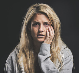 Image showing Portrait, depression and woman with mental health, trauma and dark thoughts alone in an asylum or psychiatric hospital. Suicide, bipolar and crazy girl with stress, depressed and personality disorder