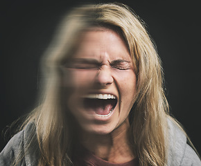 Image showing Mental health, bipolar woman shout and double exposure in dark studio for psychology mock up. Angry, frustrated and anxiety schizophrenia girl with trauma, depression or fear scream on black mockup