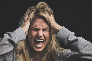 Image showing Screaming woman, mental health and depression headache from bipolar anxiety, stress and fear on black background. Angry, psychology and crazy person shout, scary drugs problem and depressed identity