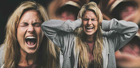 Image showing Woman, scream and anxiety with stress, anger and pain on face. Girl, angry and burnout with depression, fear and frustrated for mental health with mouth open to cry, for help with emotion or grief