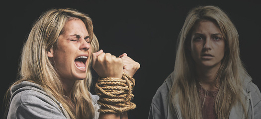 Image showing Horror, scared and woman hands in rope crying with double exposure for bipolar, psychology mindset and depression. Violence, mental health and fear of bipolar girl sad, anxiety and shout for help