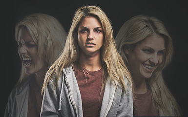 Image showing Horror, crazy or bipolar woman in double exposure on dark studio for psychology and mental health mockup. Schizophrenia girl with anxiety, depression or personality disorder problem in face portrait