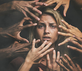 Image showing Hands, fear and sad woman with abuse, violence and crying with mental health, scared and anxiety. Portrait of woman with pain, rape and depression of toxic relationship, social conflict and depressed