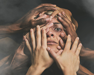 Image showing Anxiety, schizophrenia and hands woman with mental health, bipolar and trauma feeling paranoid, hallucination and crazy. Scared, fear and hopeless person with bipolar, psychology and dark thoughts