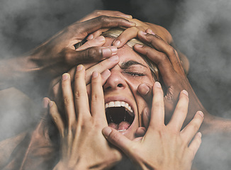 Image showing Hands, face and woman abuse victim with fear, mental health and pain scared with smoke. Crying, angry and violence survivor screaming in studio with dark background with stress, alone and anxiety.