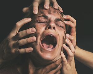 Image showing Face, hands and anxiety schizophrenia woman crying, pain and sad suffering from mental health depression, bipolar and stress. Trauma, problems and depressed girl screaming, scared and shout for help