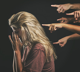Image showing People judge depressed young woman, fear social anxiety and mental health burnout with fingers point at sad girl. Stressed person frustrated, emotional headache from failure and social bullying