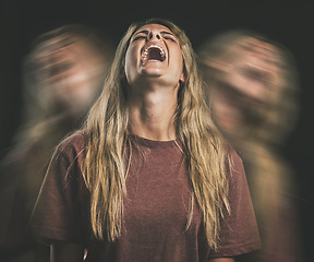 Image showing Horror, anxiety or bipolar woman shout in double exposure on a dark studio for psychology and mental health. Angry, schizophrenia or depressed frustrated girl with depression, fear and trauma mockup