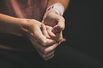 Image showing Woman with anxiety, hands scratch skin and stressed self harm picking mental health disorder. Nervous sad person with adhd or depression, stressed fear alone and depressed wound on black background