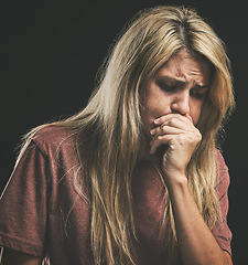 Image showing Woman with anxiety, stress and depression or other mental health problems or issues. Therapy, psychological counseling to prevent drug overdose and manage emotional wellbeing of addictive personality