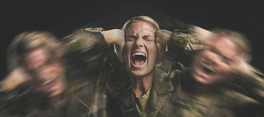 Image showing Anxiety, scream and bipolar woman, scared and shouting on dark studio for psychology, horror hallucination and mental health. Crazy, schizophrenia or frustrated girl with depression, fear and trauma