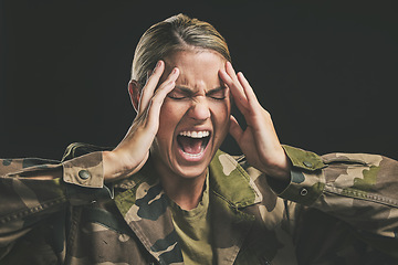 Image showing Ptsd, war and mental health with woman soldier suffering from trauma and flashback in a dark studio, stress and anxiety. Psychology, depression and military survivor experience paranoid psychosis