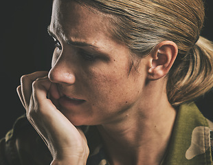 Image showing Military, stress and anxiety with woman soldier suffering with ptsd from war with mental health, depression and sad. Insomnia, army and fear with girl and thinking about pain, mistake and trauma