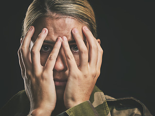 Image showing Anxiety, depression and soldier woman crying on dark studio background. Mental health, psychology and stress portrait of sad female cover face, fear or ptsd for military Ukraine war or battle trauma.
