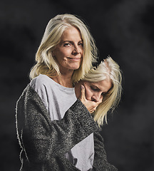 Image showing Depression, bipolar mask and woman with mental health problem against a black mockup studio background. Face portrait of a mature person with facade with fear, angry and depressed about anxiety