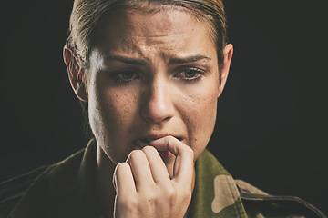 Image showing Soldier, anxiety and depression bite nails on hand to help with nerves in closeup with black background. Woman, mental health and stress from army with mind of fear, panic and ptsd from military work