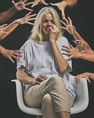 Image showing Hands reaching for scared woman, anxiety and mental health horror, fear and psychology on scary dark background. Crying, sad and depression of bipolar, crazy and insomnia person schizophrenia problem