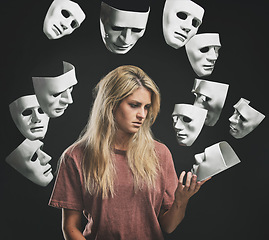 Image showing Bipolar masks, woman with mental health problems, psychologist or therapist and medication help. Anxiety, depression and schizophrenia need therapy or chemical help from prescription pills or drugs