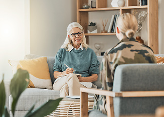 Image showing Military woman therapy with psychologist for mental health help, trauma advice and healthcare service consultation. Army soldier people consulting with psychology support, mind wellness test and talk